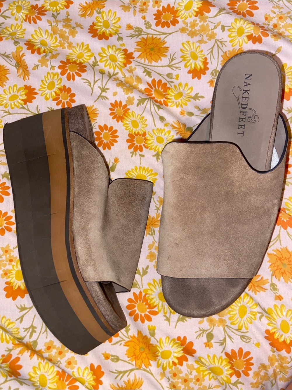NakedFeet Taupe Suede Platform Slide Sandals